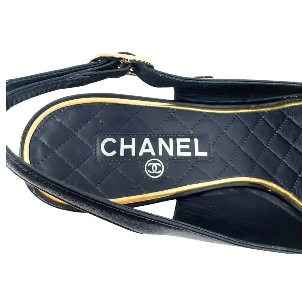 Chanel CC Logo Bow Black Gold Slingback Quilted Mary Jane Block Heels Loafers 38